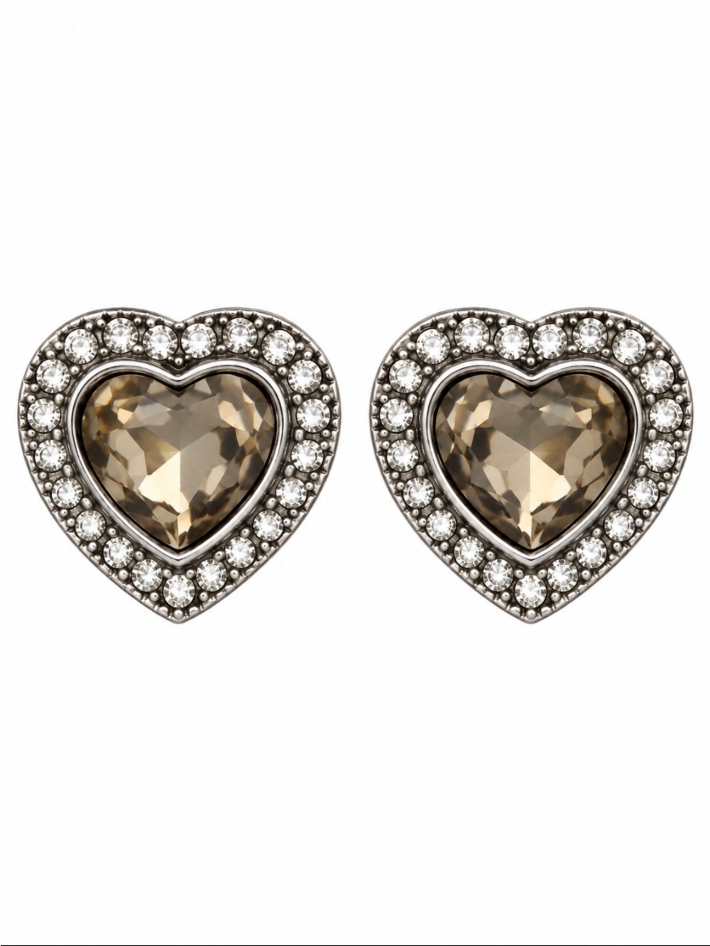 Smoky Crystal Heart Rhinestone Halo Silver-Tone Stud Earrings